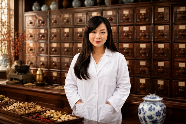 Alice Lin studying traditional Chinese medicine in a herbal dispensary at UEWM