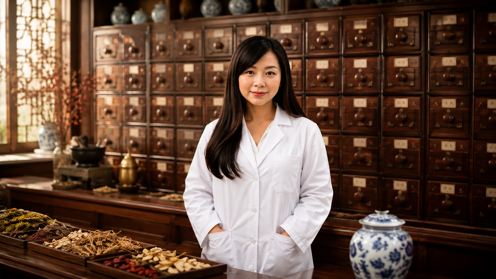 Alice Lin studying traditional Chinese medicine in a herbal dispensary at UEWM