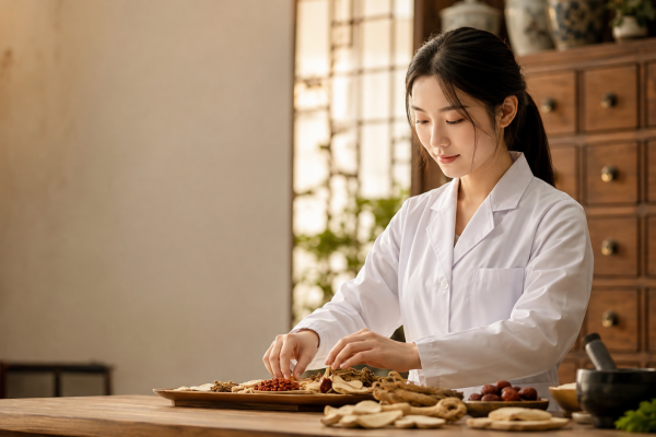 Traditional Chinese medicine student preparing herbs in the UEWM university clinic