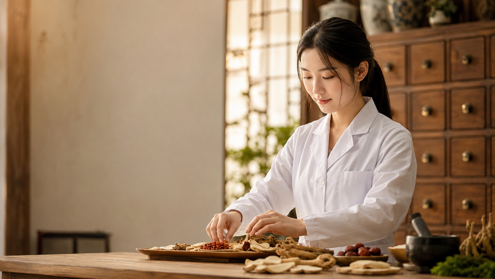 Traditional Chinese medicine student preparing herbs in the UEWM university clinic