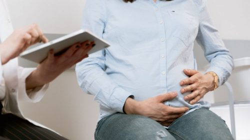 Pregnant woman attending a healthcare consultation, showcasing doctor-patient interaction.