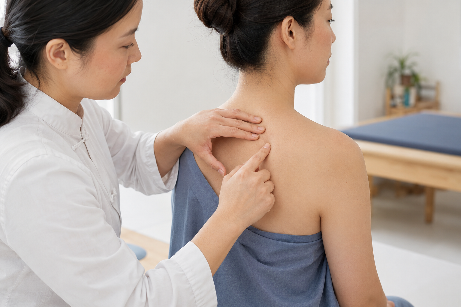 Practitioner identifying an Ashi tender point on a patient’s shoulder Title: Identifying Ashi Points for Musculoskeletal Pain