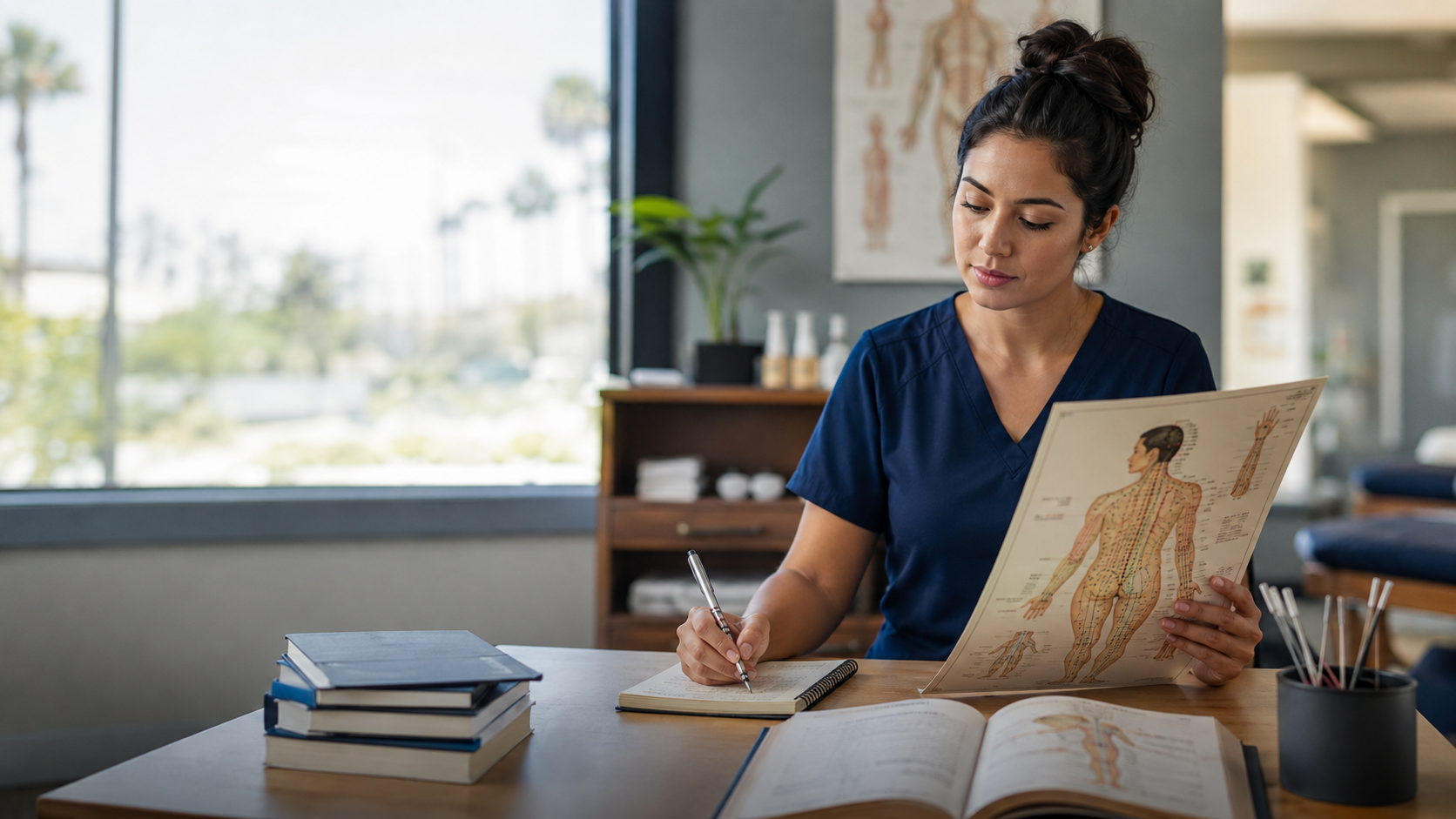 Acupuncture student studying a meridian chart while preparing for California licensure
