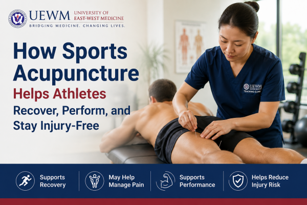 Sports acupuncture treatment for an athlete at the University of East-West Medicine Teaching Clinic, supporting recovery, pain management, and active lifestyles.