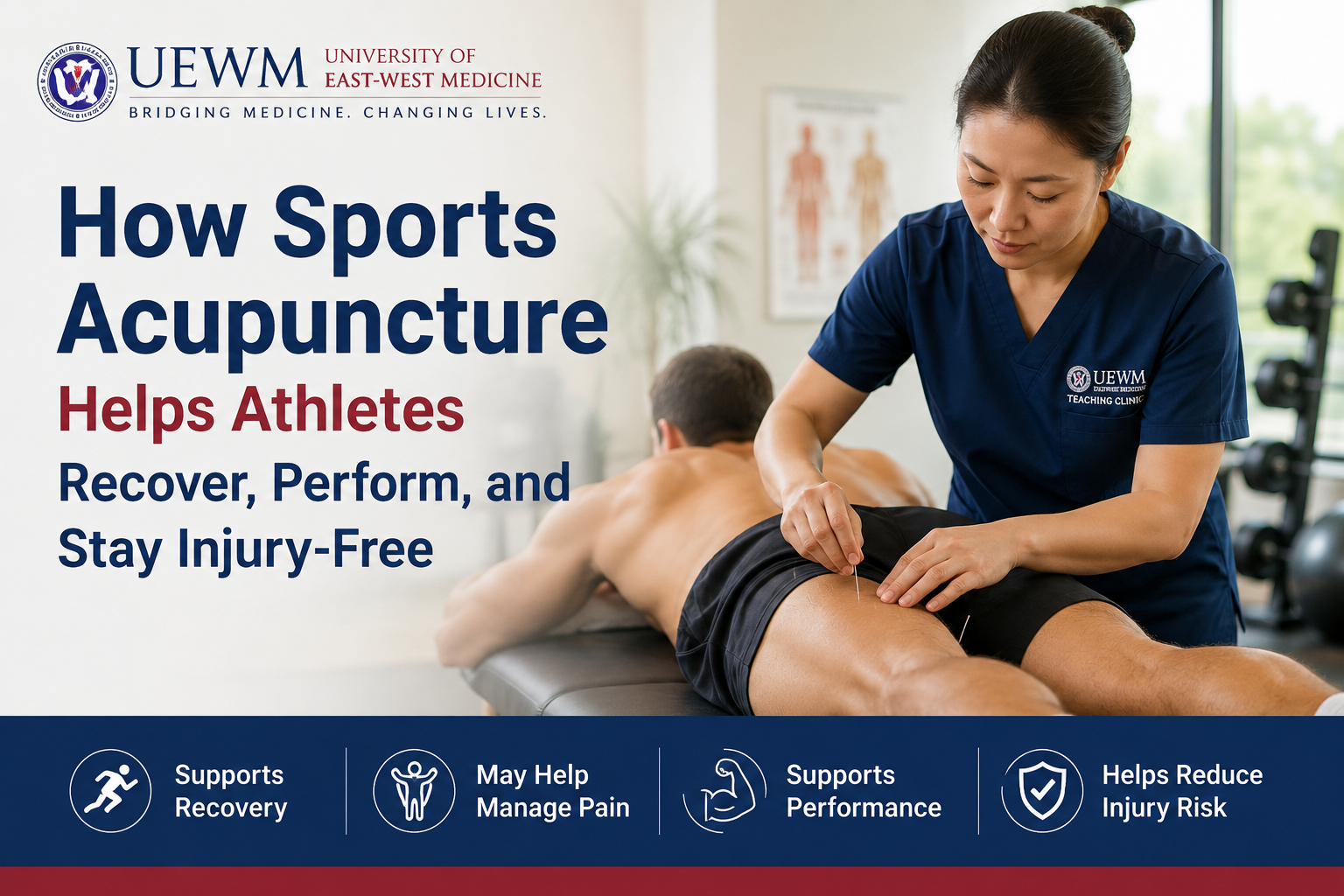 Sports acupuncture treatment for an athlete at the University of East-West Medicine Teaching Clinic, supporting recovery, pain management, and active lifestyles.