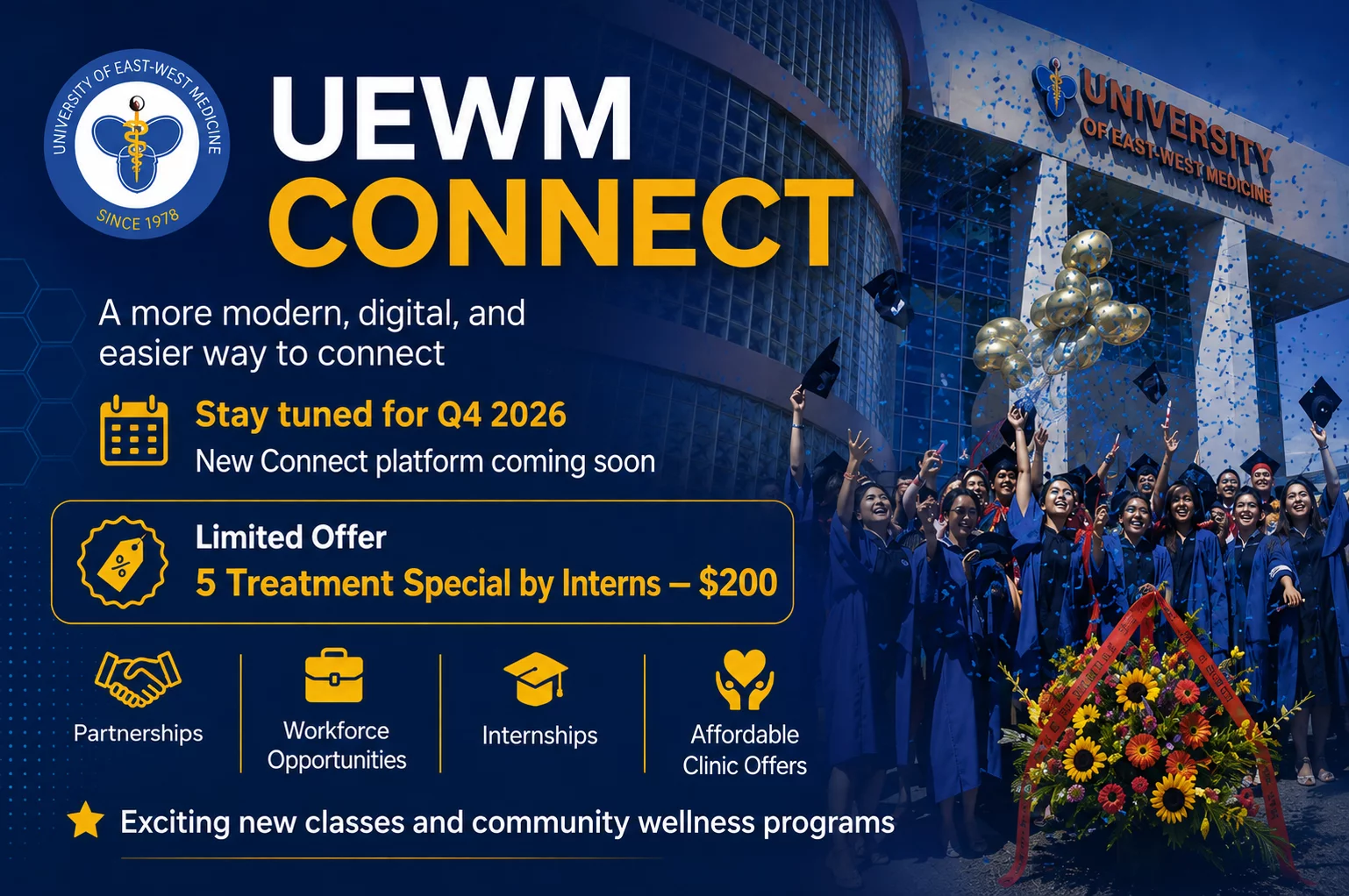 UEWM Connect mobile banner promoting the Q4 2026 platform and a five-treatment special by interns for $200