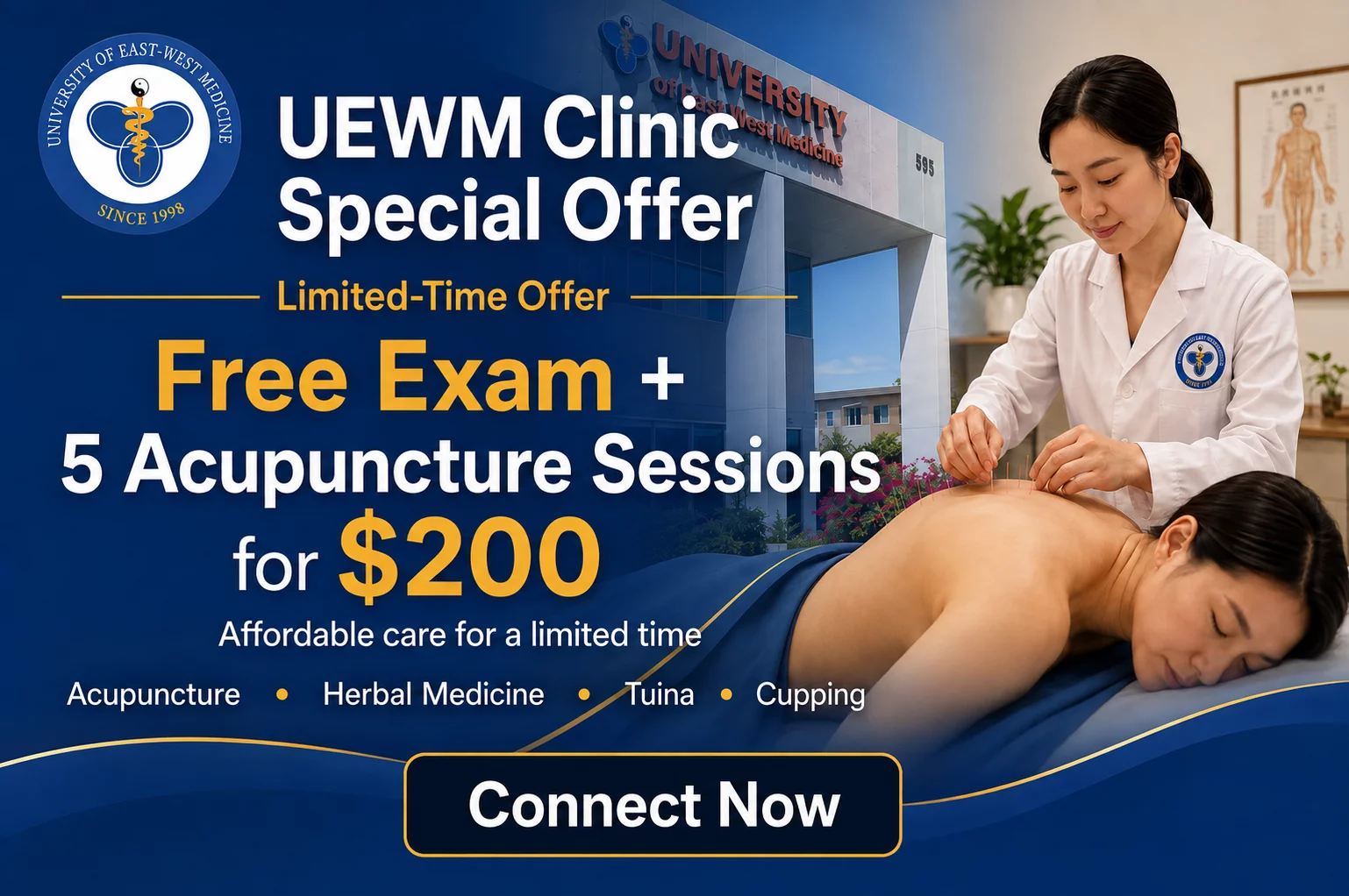 UEWM Clinic mobile special offer featuring a free exam and five acupuncture sessions for $200