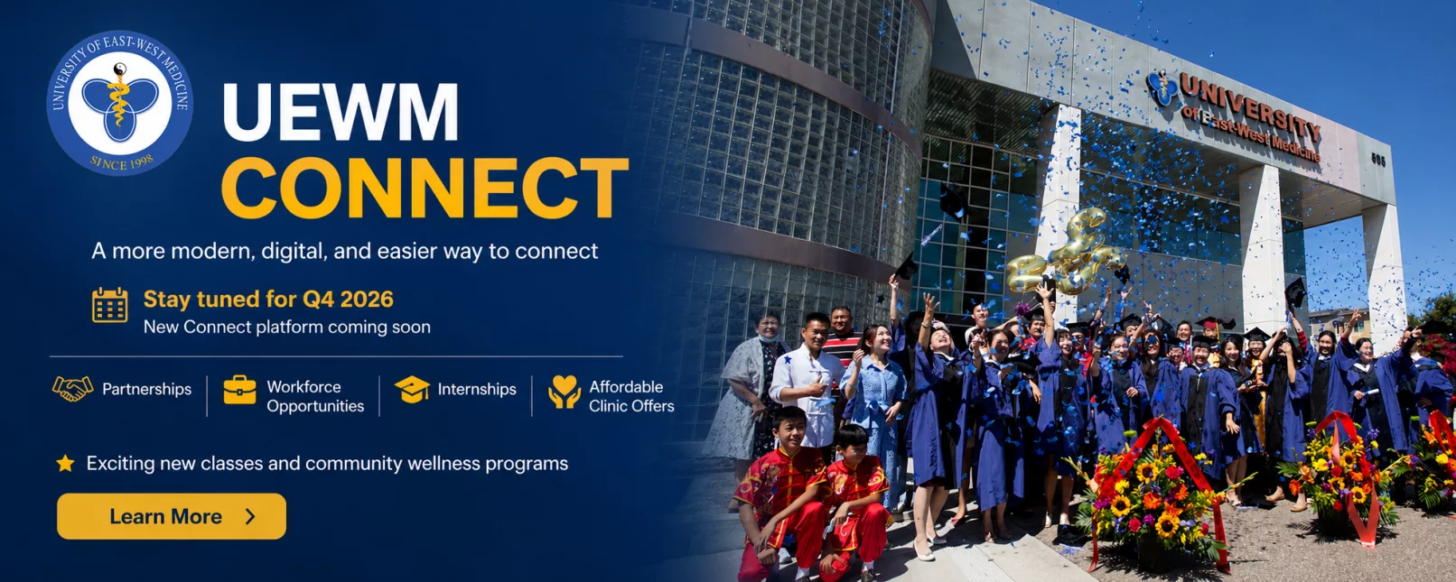UEWM Connect Q4 2026 banner featuring the University of East-West Medicine campus, partnerships, workforce opportunities, internships and affordable clinic programs